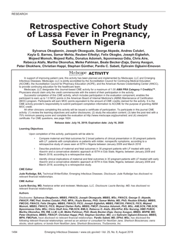 Retrospective Cohort Study of Lassa Fever in Pregnancy, Southern Nigeria Sylvanus Okogbenin, Joseph Okoeguale, George Akpede, Andres Colubri, Kayla G