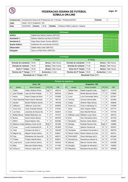 FEDERACAO GOIANA DE FUTEBOL Jogo: 41 SÚMULA ON-LINE