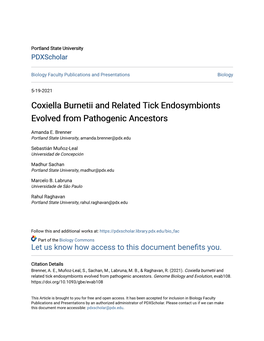 Coxiella Burnetii and Related Tick Endosymbionts Evolved from Pathogenic Ancestors