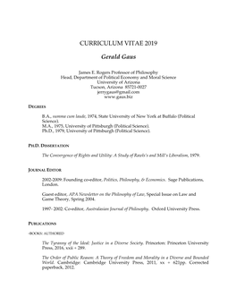 CURRICULUM VITAE 2019 Gerald Gaus