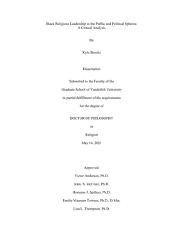 Black Religious Leadership in the Public and Political Spheres: a Critical Analysis by Kyle Brooks Dissertation Submitted To