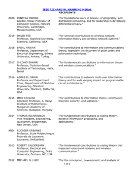 Ieee Richard W. Hamming Medal Recipients