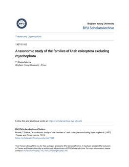 A Taxonomic Study of the Families of Utah Coleoptera Excluding Rhynchophora