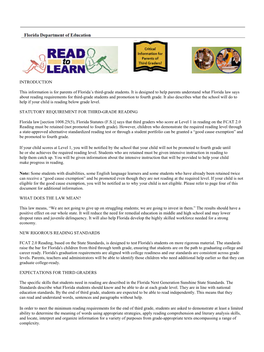 INTRODUCTION This Information Is for Parents of Florida's Third-Grade