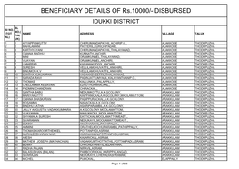 BENEFICIARY DETAILS of Rs.10000/- DISBURSED IDUKKI DISTRICT SL Sl NO