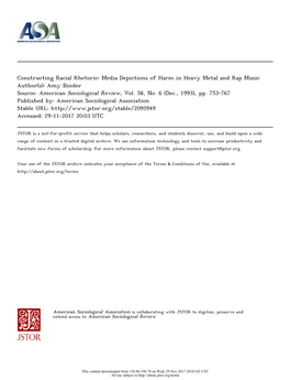 Media Depictions of Harm in Heavy Metal and Rap Music Author(S): Amy Binder Source: American Sociological Review, Vol