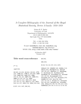 A Complete Bibliography of the Journal of the Royal Statistical Society, Series a Family: 1910–1919