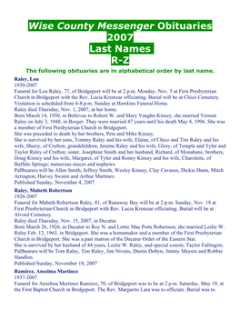 Wise County Messenger Obituaries 2007 Last Names R-Z the Following Obituaries Are in Alphabetical Order by Last Name