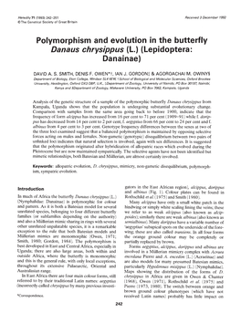 Polymorphism and Evolution in the Butterfly Danaus Chrysippus (L.) (Lepidoptera: Danainae)