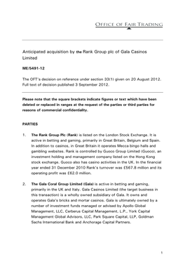 Full Text of the Decision Regarding the Anticipated Acquisition by the Rank