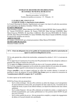 EXTRAIT DU REGISTRE DES DELIBERATIONS DU CONSEIL MUNICIPAL DE BEAUFAY ------Date De Convocation : Le 26/02/2021 Nombre De Membres En Exercice : 15 – Présents : 14