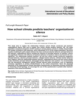 How School Climate Predicts Teachers' Organizational Silence