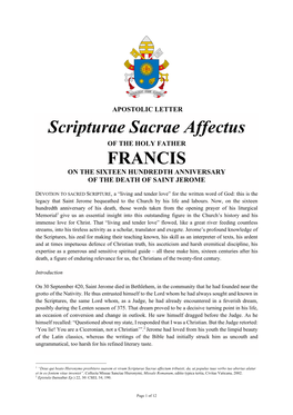 Scripturae Sacrae Affectus of the HOLY FATHER FRANCIS on the SIXTEEN HUNDREDTH ANNIVERSARY of the DEATH of SAINT JEROME