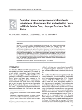 Report on Some Monogenean and Clinostomid Infestations of Freshwater Fish and Waterbird Hosts in Middle Letaba Dam, Limpopo Province, South Africa