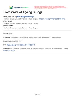 Biomarkers of Ageing in Dogs