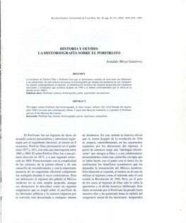 Historia Y Olvido: La Historiografía Sobre El Porfiriato