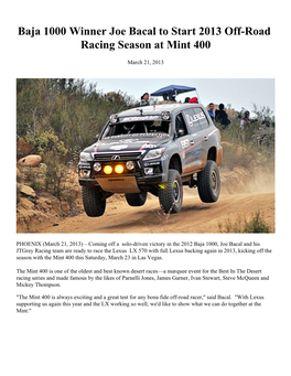 Baja 1000 Winner Joe Bacal to Start 2013 Off-Road Racing Season at Mint 400