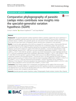 Comparative Phylogeography of Parasitic Laelaps Mites Contribute New Insights Into the Specialist-Generalist Variation Hypothesis (SGVH) Conrad A