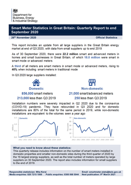 Smart Meter Statistics in Great Britain: Quarterly Report to End September 2020 26Th November 2020 Official Statistics