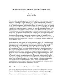 The Political Demography of the World System: the Next Half Century Paul Demeny Geoffrey Mcnicoll the Extraordinarily Rapid Expa