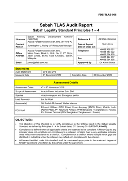 Sabah TLAS Audit Report Sabah Legality Standard Principles 1 – 4
