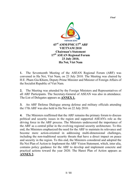 43Rd AMM/PMC/17Th ARF VIETNAM 2010 Chairman's Statement 17Th