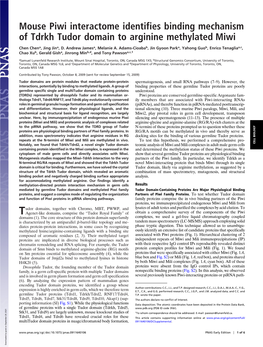 Mouse Piwi Interactome Identifies Binding Mechanism of Tdrkh Tudor Domain to Arginine Methylated Miwi