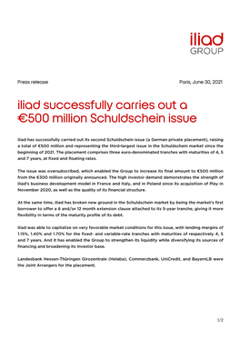 Iliad Successfully Carries out a €500 Million Schuldschein Issue