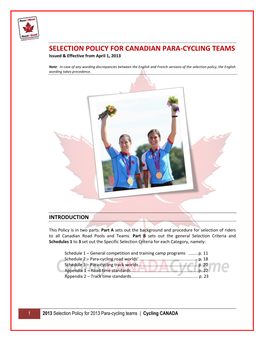 SELECTION POLICY for CANADIAN PARA-CYCLING TEAMS Issued & Effective from April 1, 2013