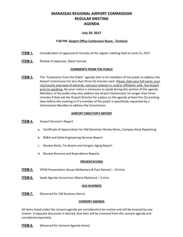 Manassas Regional Airport Commission Regular Meeting Agenda