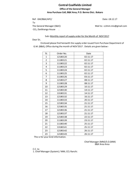 Central Coalfields Limited Office of the General Manager Area Purchase Cell, B&K Area, P.O