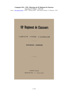 Historique Du 18E Régiment De Chasseurs Imprimerie F. Paillart