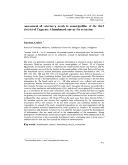 Assessment of Veterinary Needs in Municipalities of the Third District of Cagayan: a Benchmark Survey for Extension