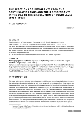 The Reactions of Immigrants from the South Slavic Lands and Their Descendants in the Usa to the Dissolution of Yugoslavia (1989–1993)