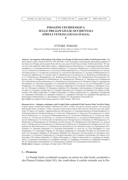 Indagine Cecidologica Sulle Prealpi Giulie Occidentali (Friuli Venezia Giulia-Italia) I