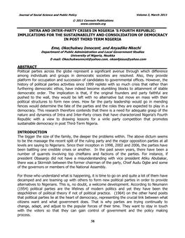 Intra and Inter-Party Crises in Nigeria ’S Fourth Republic: Implications for the Sustainability and Consolidation of Democracy in Post Third Term Nigeria