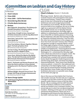 Springspring 2008 Vvolumeolume 22, Issuissuee 1 in This Issue CLGH 1 Chair’S Column Chair’S Column Karen C