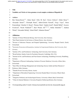 Neolithic and Medieval Virus Genomes Reveal Complex Evolution of Hepatitis B 3 4 Authors 5 Ben Krause-Kyora1,2,†, Julian Susat1, Felix M