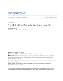 The Role of Iran Policy the Saudi-American Rift Christopher Parmly Florida International University, Cparm002@Fiu.Edu