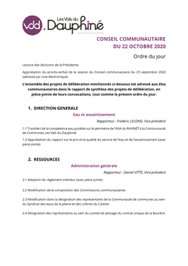 CONSEIL COMMUNAUTAIRE DU 22 OCTOBRE 2020 Ordre Du Jour