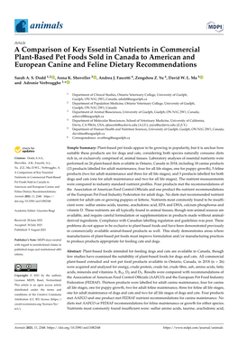 A Comparison of Key Essential Nutrients in Commercial Plant-Based Pet Foods Sold in Canada to American and European Canine and Feline Dietary Recommendations