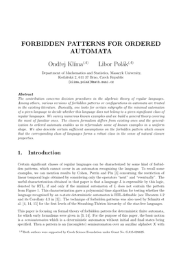 FORBIDDEN PATTERNS for ORDERED AUTOMATA Ondˇrej Kl´Ima(A) Libor Pol´Ak(A)