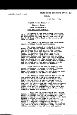 STA're MINING ENGINEER's OFFICE13 3 21St May, 1913. Report on the Su~Ply of Electrio Power from the Waters of Lak. Rolleston