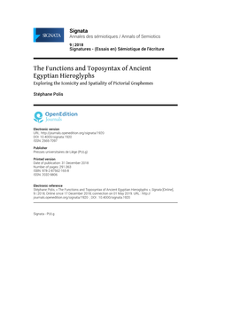 The Functions and Toposyntax of Ancient Egyptian Hieroglyphs Exploring the Iconicity and Spatiality of Pictorial Graphemes