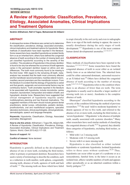 A Review of Hypodontia: Classification, Prevalence, Etiology, Associated Anomalies, Clinical Implications and Treatment Options