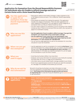 Application for Exemption from the Shared Responsibility Payment Form Approved for Individuals Who Are Unable to Afford Coverage and Are in OMB No