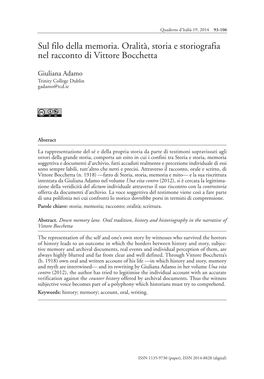 Sul Filo Della Memoria. Oralità, Storia E Storiografia Nel Racconto Di Vittore Bocchetta