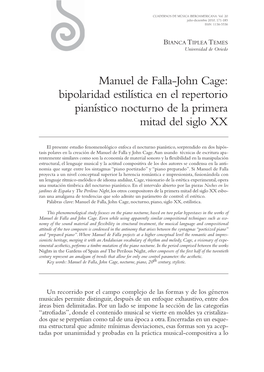 Manuel De Falla-John Cage: Bipolaridad Estilística En El Repertorio Pianístico Nocturno De La Primera Mitad Del Siglo XX