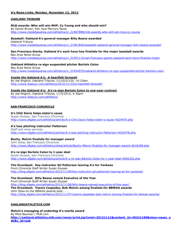 A's News Links, Monday, November 12, 2012 OAKLAND TRIBUNE