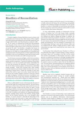 Bioethics of Reconciliation Cheng-Tek Tai M* Issues Arising in Medicine and the Life Sciences in Social Settings